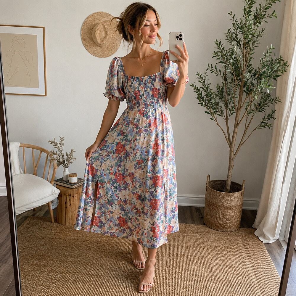 ASTR The Label Floral Smocked Puff Sleeve Cottagecore Midi Dress Small Romantic - Picture 2 of 10